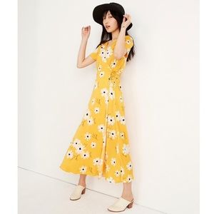 Madewell Yellow Ikat Floral Puff Sleeve Wrap Midi Dress
